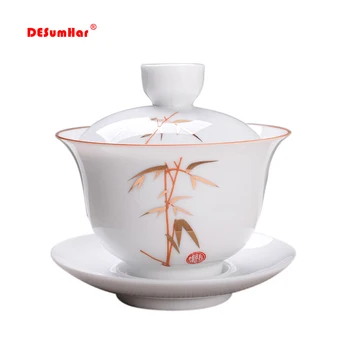  Bijeli porculan Čajna Супница, ocrtavanje zdjelu sa zlatnim poklopcem, čaj, čaj porculanska čaj gaiwan, putno Lijep čaj 180 ml