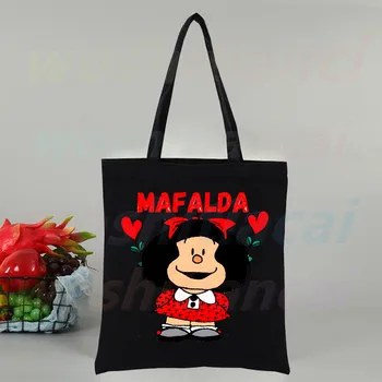  Mafalda Anime Crtani Strip Ženske Crne Torbe Холщовая Torba-Тоут Shopping Putovanja Ženske Torbe za Višekratnu upotrebu Na Rame bolsas de tela