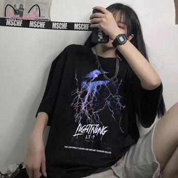  Ženske Majice Harajuku Lightning Punk Gothic Y2k Vrhovima INFERNO Print kratkih Rukava Hip Hop Ulica Odjeća Majice Slobodne Svakodnevne Majice