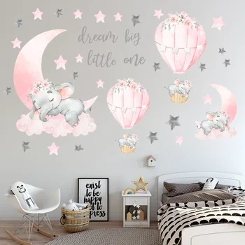  Crtani Roza Naljepnica na Zidu u obliku Слоненка, Naljepnice za Zid s balonom, Ukrasne Naljepnice za Dječju Sobu, Mjesec i Zvijezde za Djevojke