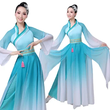  Hanfu Plesni Kostim Ženski Navijač Ples Narodni Stil Plesni Kostim Odjeća za Hmong Kineski Narodni Plesni Kostim za Žene Plava