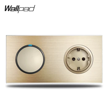  Wallpad L6 Gold 1 Gang Prekidač za Svjetlo Plava Led Lampica s Električnom Utičnicom EZ Zlatna Mat Aluminij Metalna Ploča