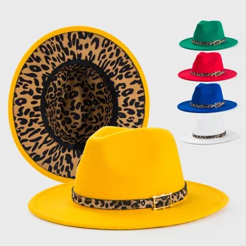  Žuta фетровая kapa s unutarnjim леопардовым po cijeloj površini, na proljeće novi šešir, Panama, фетровая šešir za muškarce i žene, jazz šešir, фетровая šešir, kapa ženska